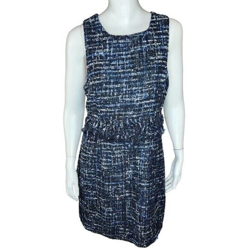 Julie Brown NYC Sleeveless Dress Lori Blue Oxford Tweed Fringe Metallic Size 8